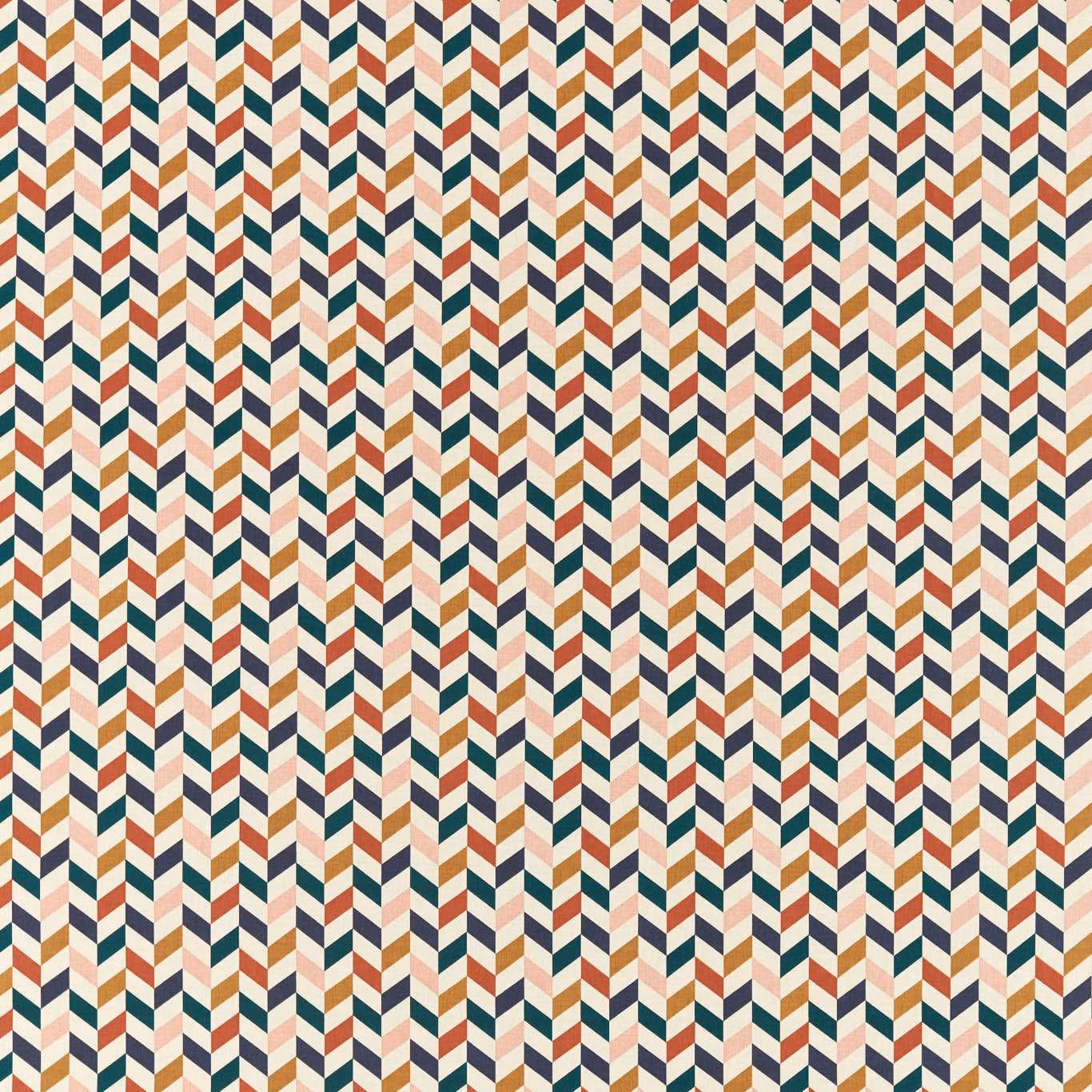 Teal, rust, ochre and cream zigzag stripes in a tightly repeated geometric pattern