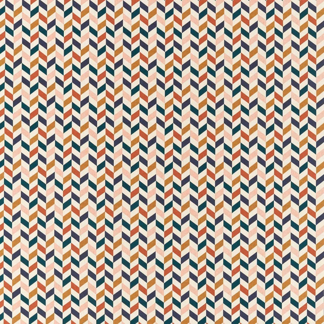 Teal, rust, ochre and cream zigzag stripes in a tightly repeated geometric pattern