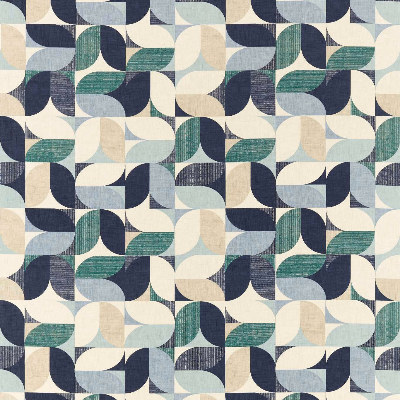 Woven geometric fabric with navy, mineral blue, cream, beige and teal curved motifs