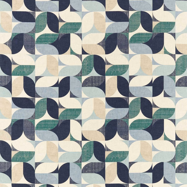 Woven geometric fabric with navy, mineral blue, cream, beige and teal curved motifs