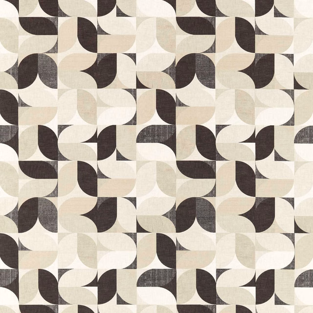 Cream, beige and charcoal interlocking curved motifs with a lightly woven surface