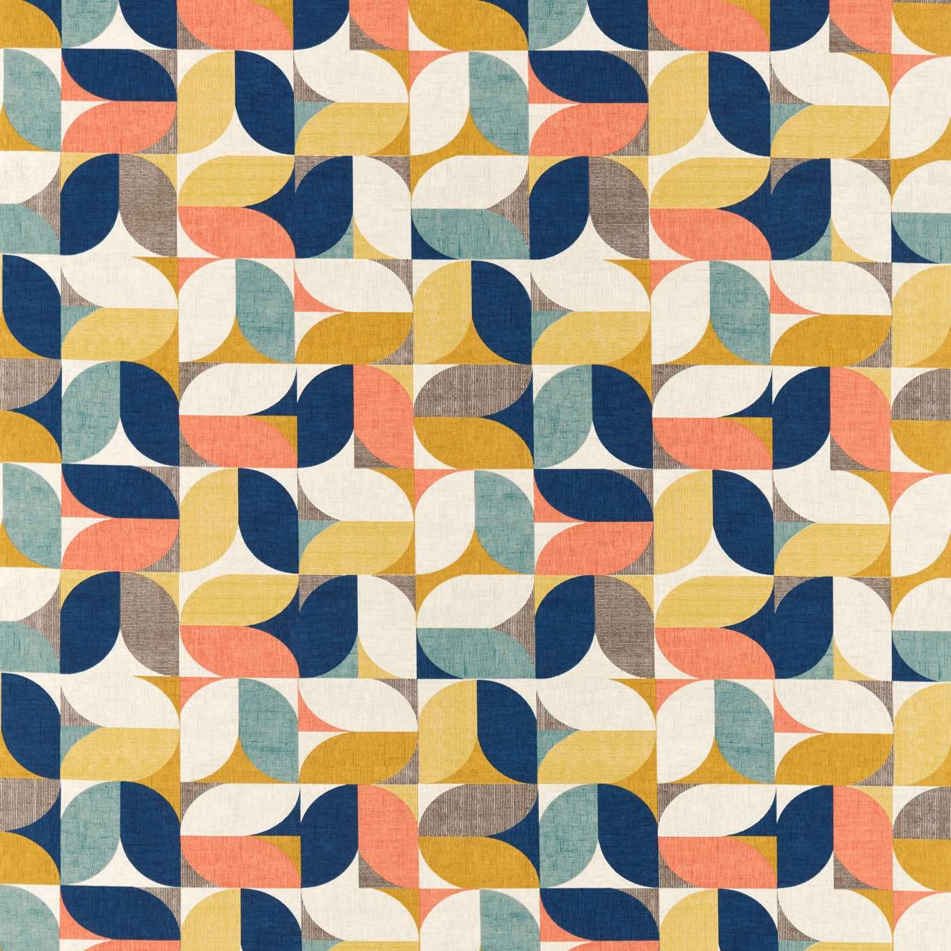 Navy, coral, mustard, teal and cream geometric woven fabric with curved repeating motifs