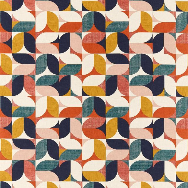 Rust, mustard, teal, navy and cream woven geometric fabric with curved interlocking motifs