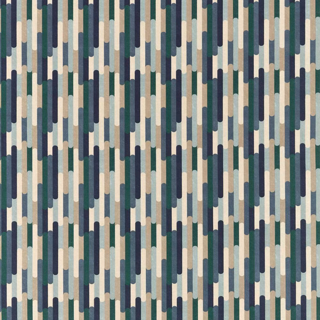 Vertical rounded bars in navy, teal, stone and cream on a woven ground