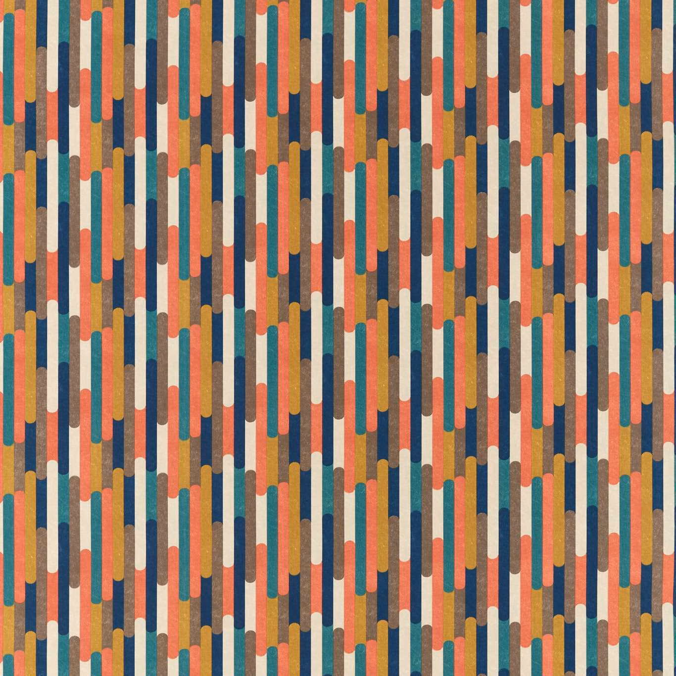 Teal, coral, mustard and cream vertical bars with a softly textured woven surface