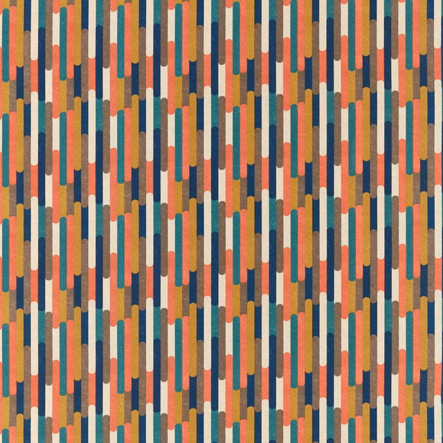 Teal, coral, mustard and cream vertical bars with a softly textured woven surface