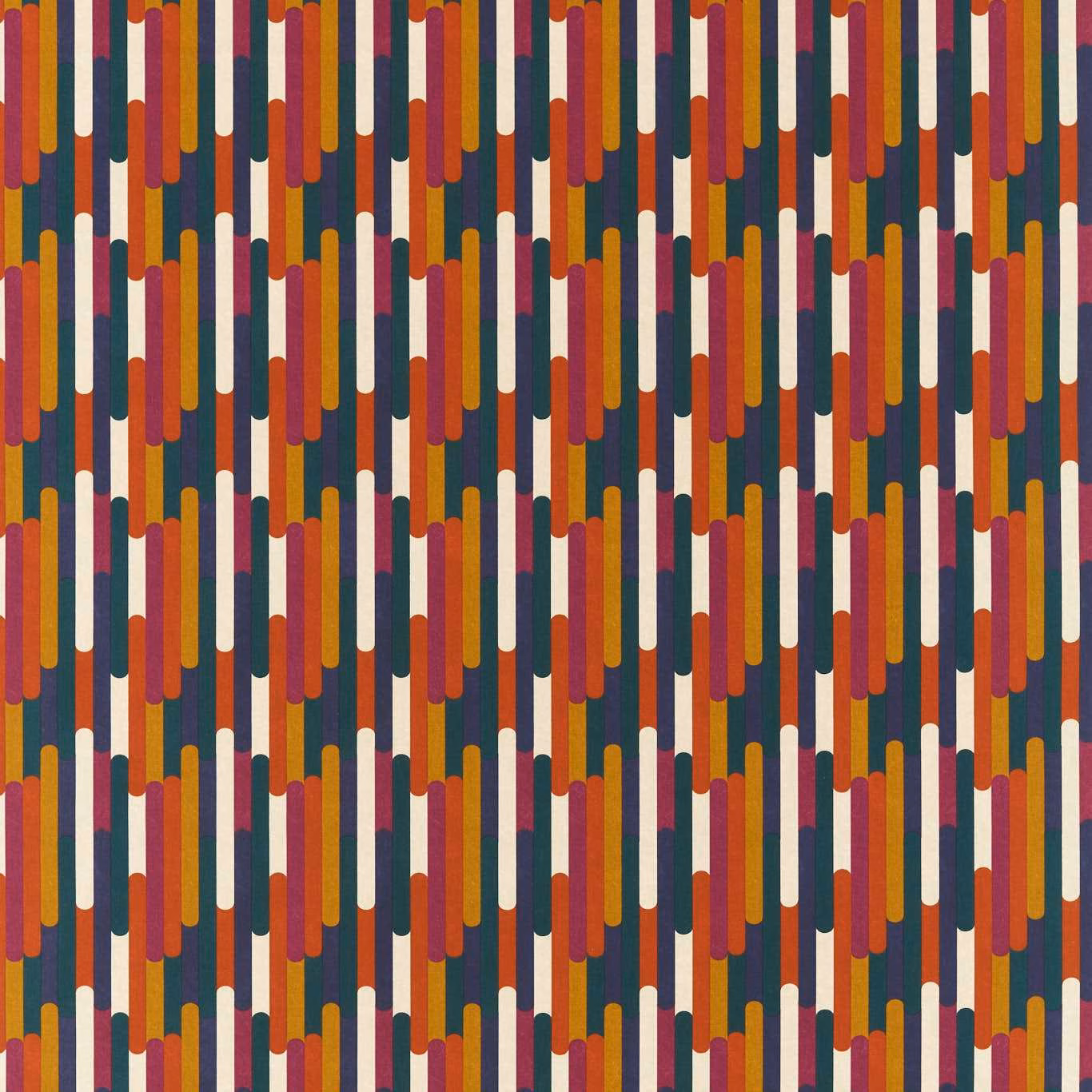 Teal, rust, mustard and cream rounded vertical bars in a fine woven textile