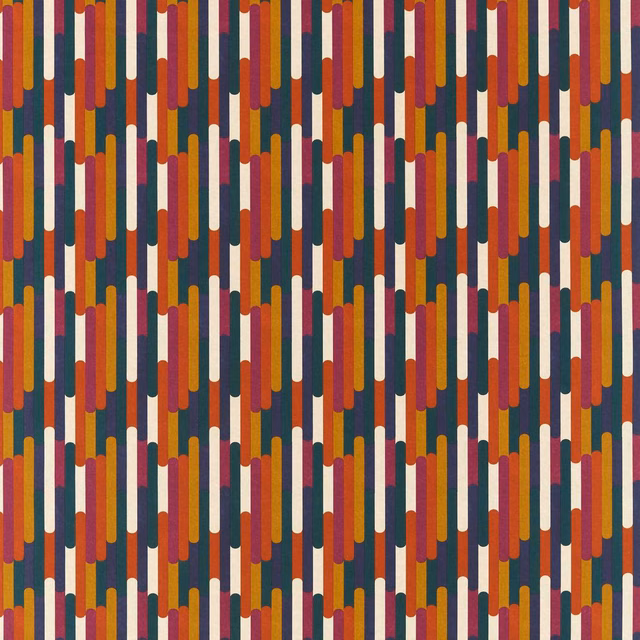 Teal, rust, mustard and cream rounded vertical bars in a fine woven textile