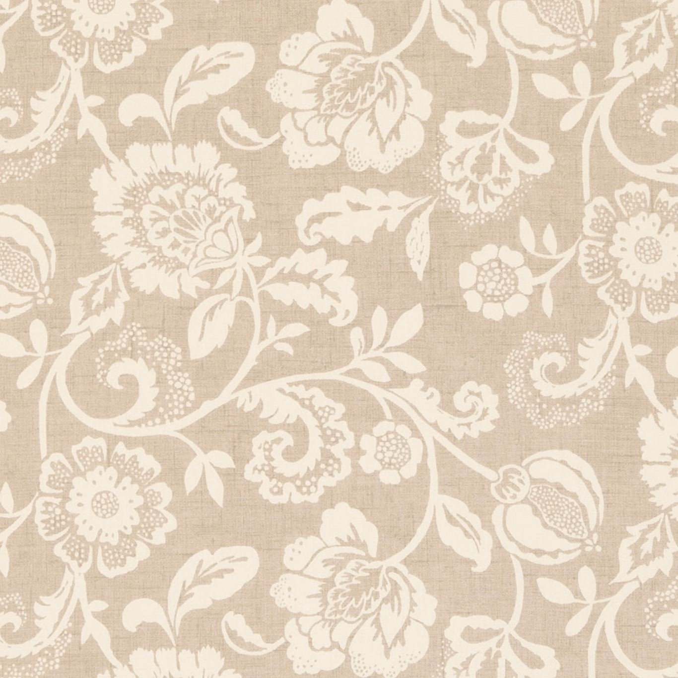 Warm beige woven ground with chalky ivory scrolling flowers, leaves and curling botanical stems