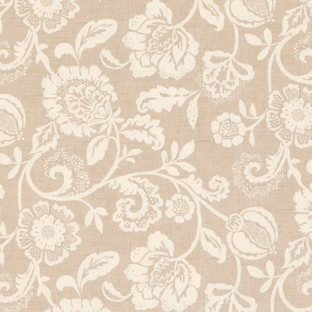 Warm beige woven ground with chalky ivory scrolling flowers, leaves and curling botanical stems