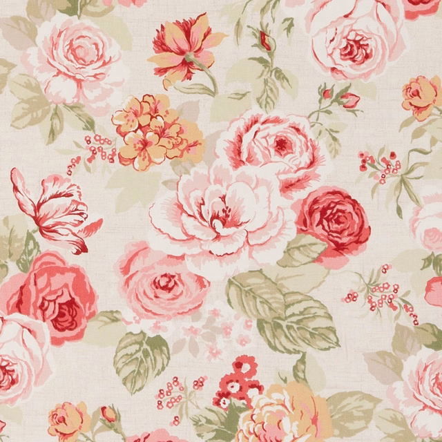 Old rose floral fabric with raspberry roses, coral blossoms and sage leaves on ivory