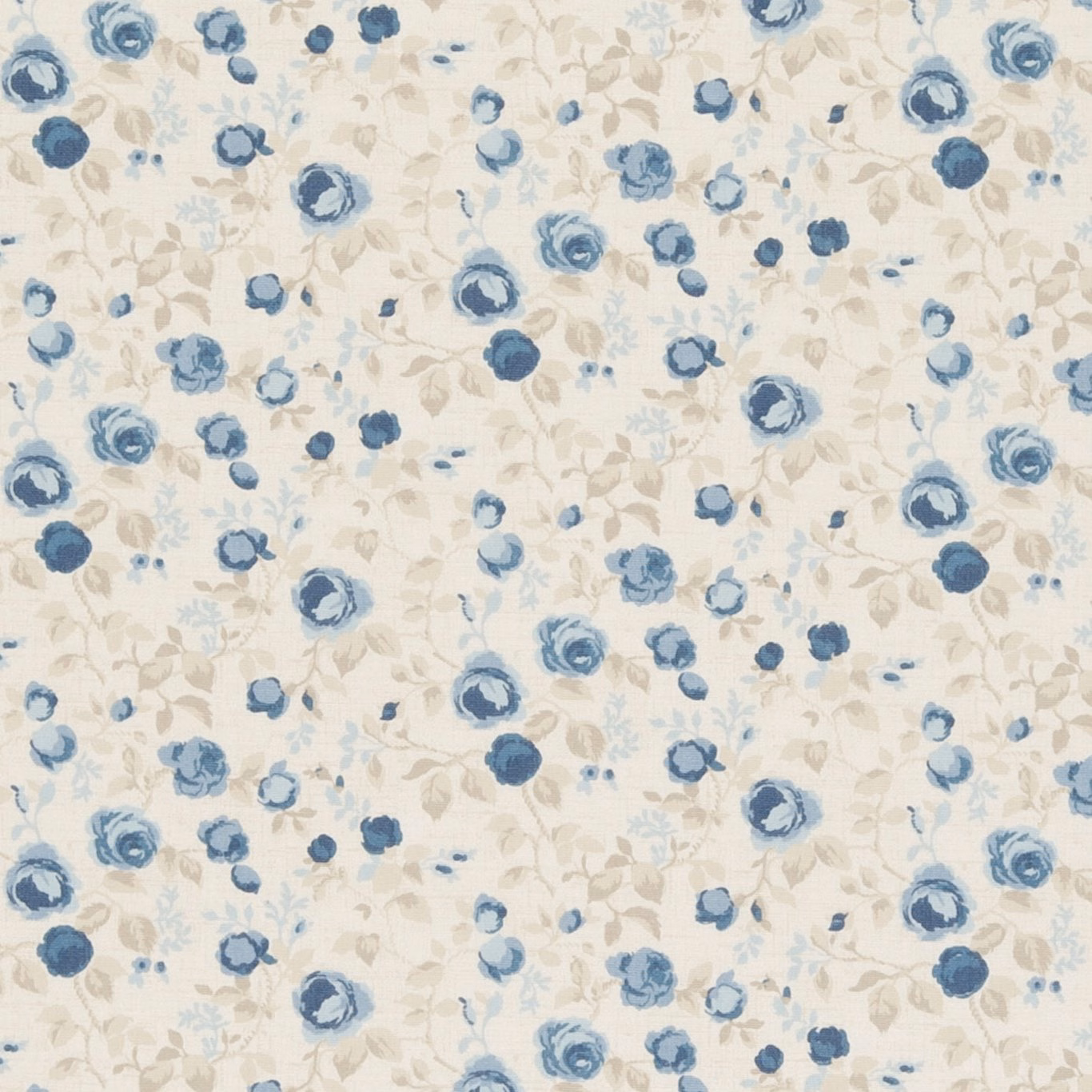 Cream floral textile with muted chambray-blue blossoms and pale leafy stems