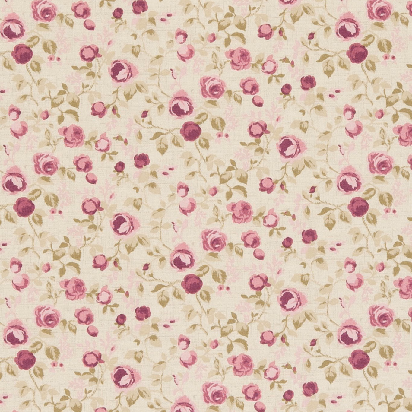 Cream woven fabric with scattered mulberry pink roses and muted olive leaves