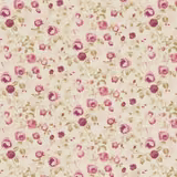Cream woven fabric with scattered mulberry pink roses and muted olive leaves