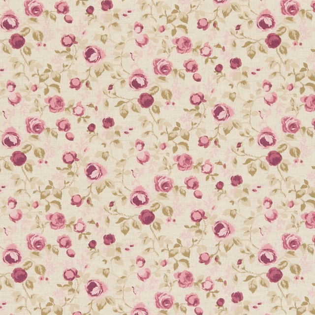 Cream woven fabric with scattered mulberry pink roses and muted olive leaves