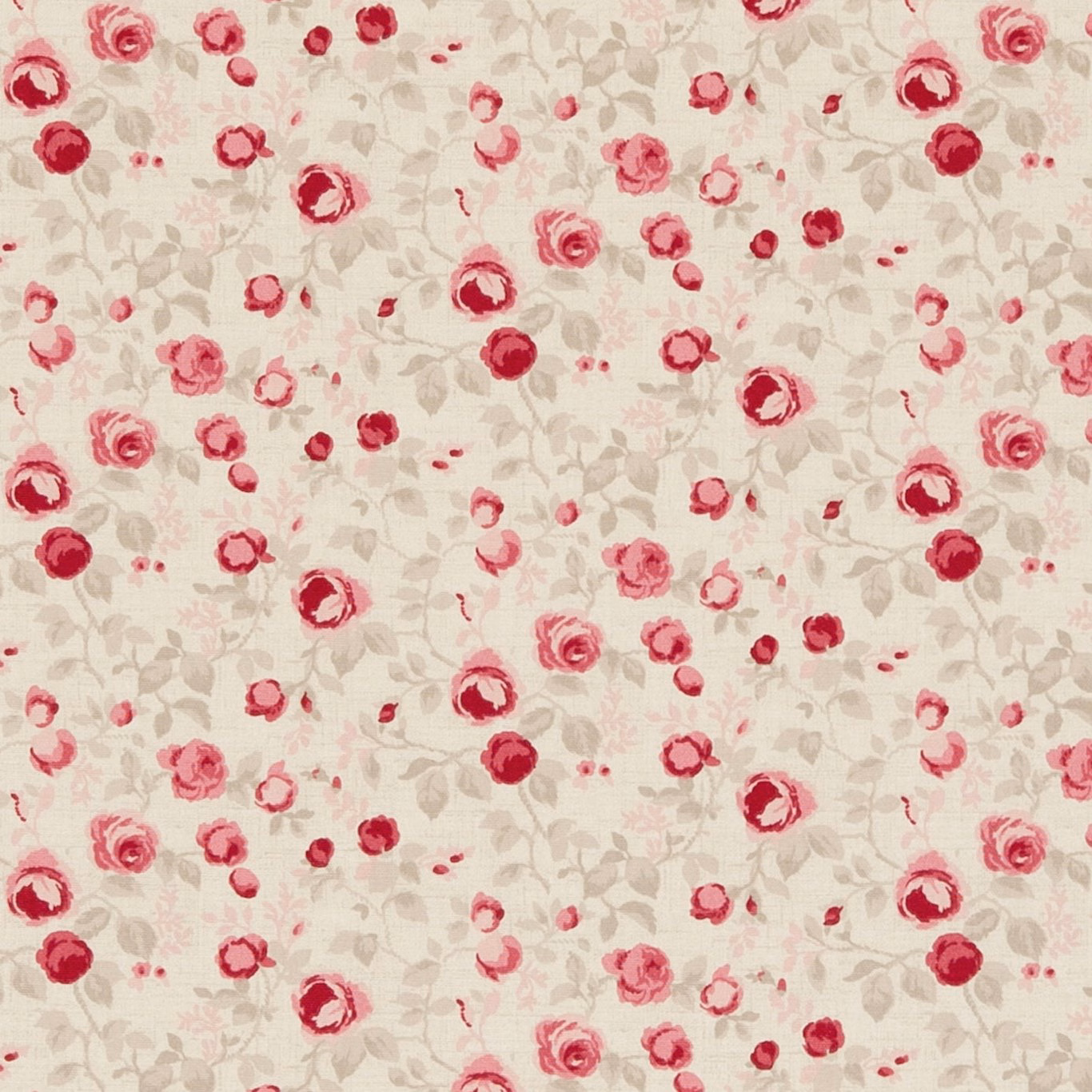 Cream floral fabric with scattered raspberry roses, pink blooms and taupe leaves
