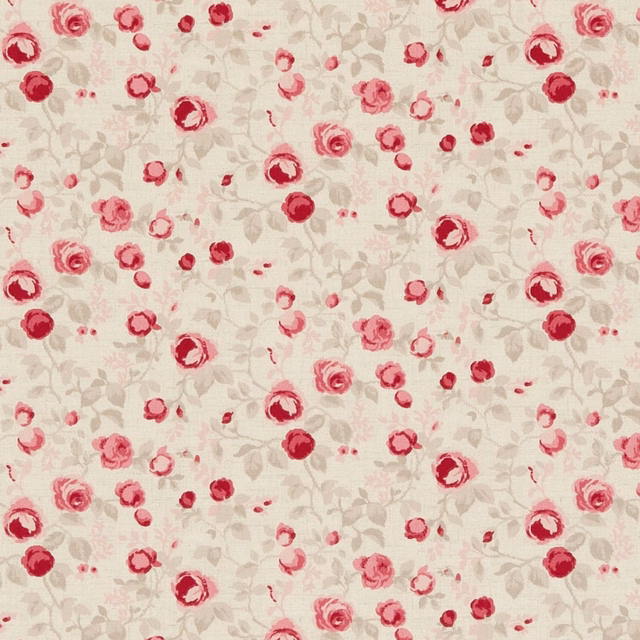 Cream floral fabric with scattered raspberry roses, pink blooms and taupe leaves