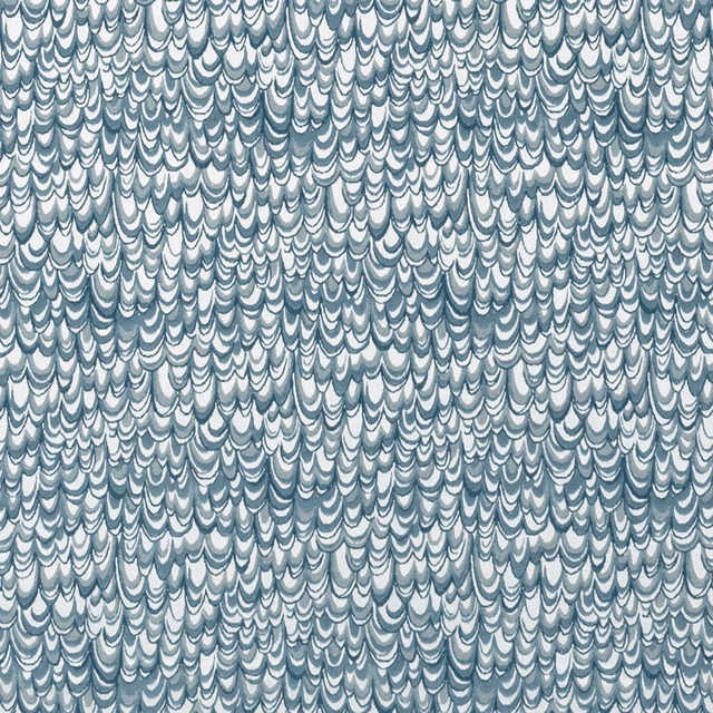 Muted kingfisher blue fabric with dense overlapping scallop motifs and pale blue-grey highlights