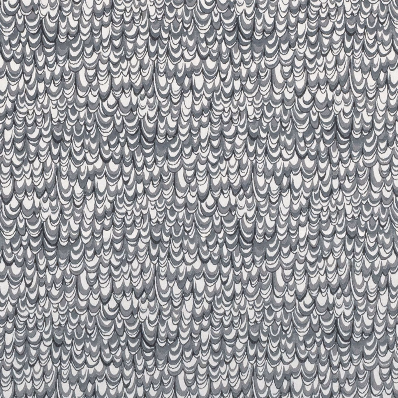 Dense scalloped feather pattern in cool pewter, silver grey and charcoal
