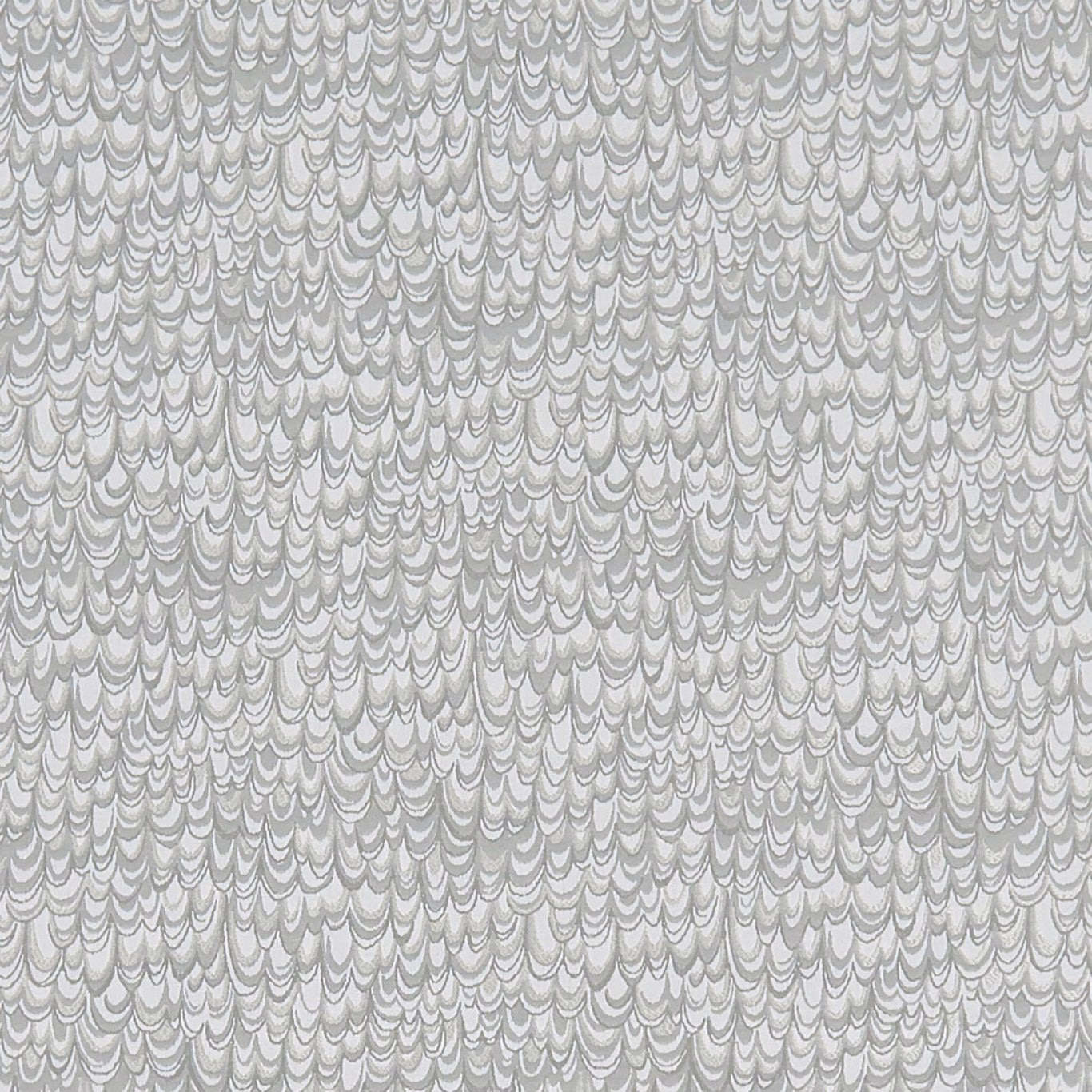 Cool silver-grey fabric with dense layered scallop motifs and softly dimensional texture
