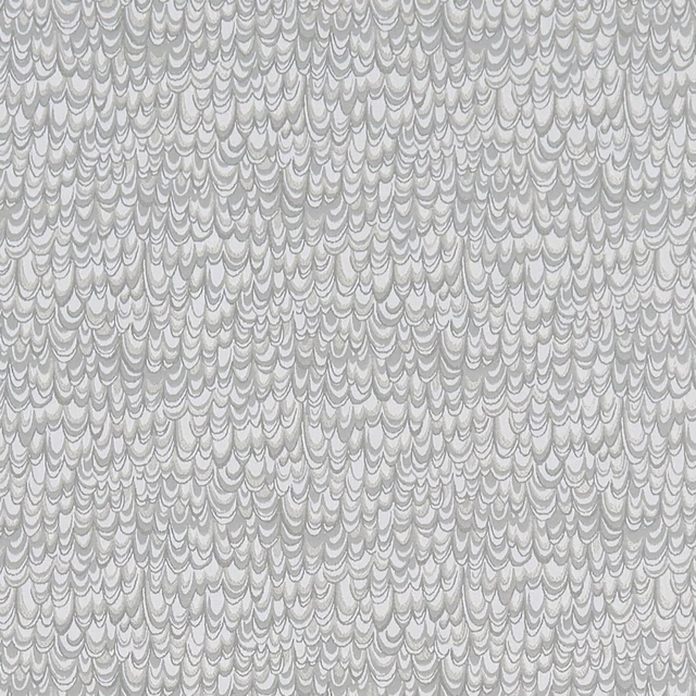 Cool silver-grey fabric with dense layered scallop motifs and softly dimensional texture