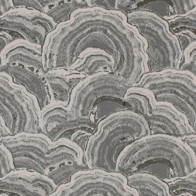 Cool pewter grey fabric with layered scalloped wave motifs and tactile woven texture