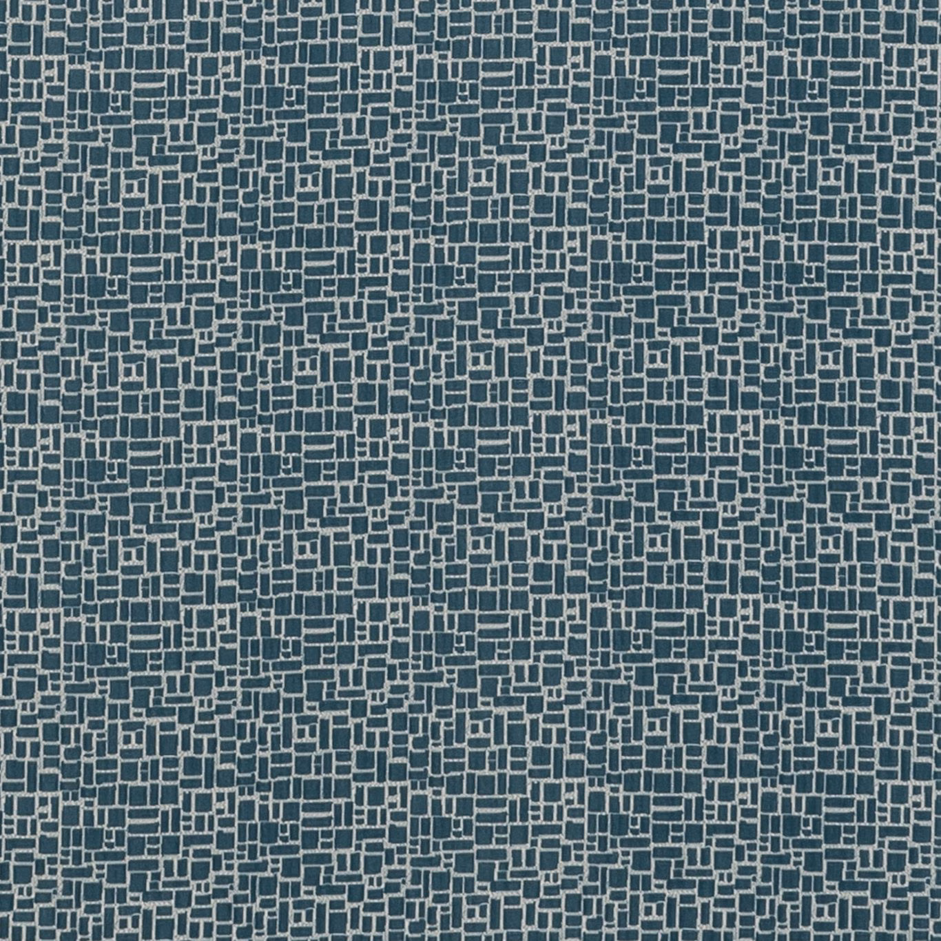 Deep blue-teal fabric with pale maze-like rectangles in a dense woven texture