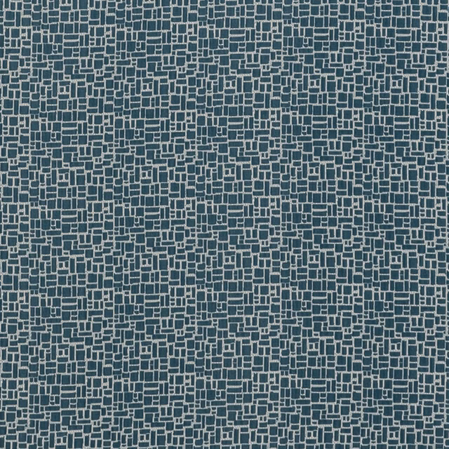 Deep blue-teal fabric with pale maze-like rectangles in a dense woven texture