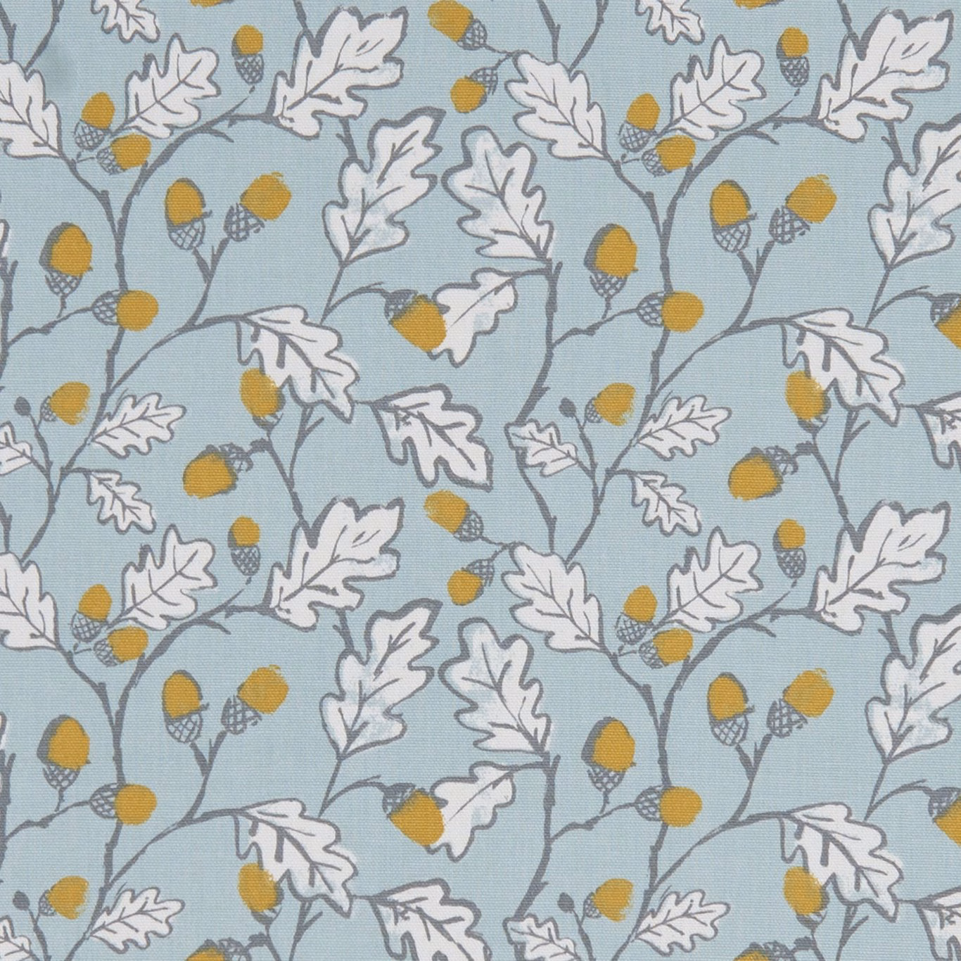 Muted duckegg-blue fabric with white oak leaves, grey branches and mustard acorns