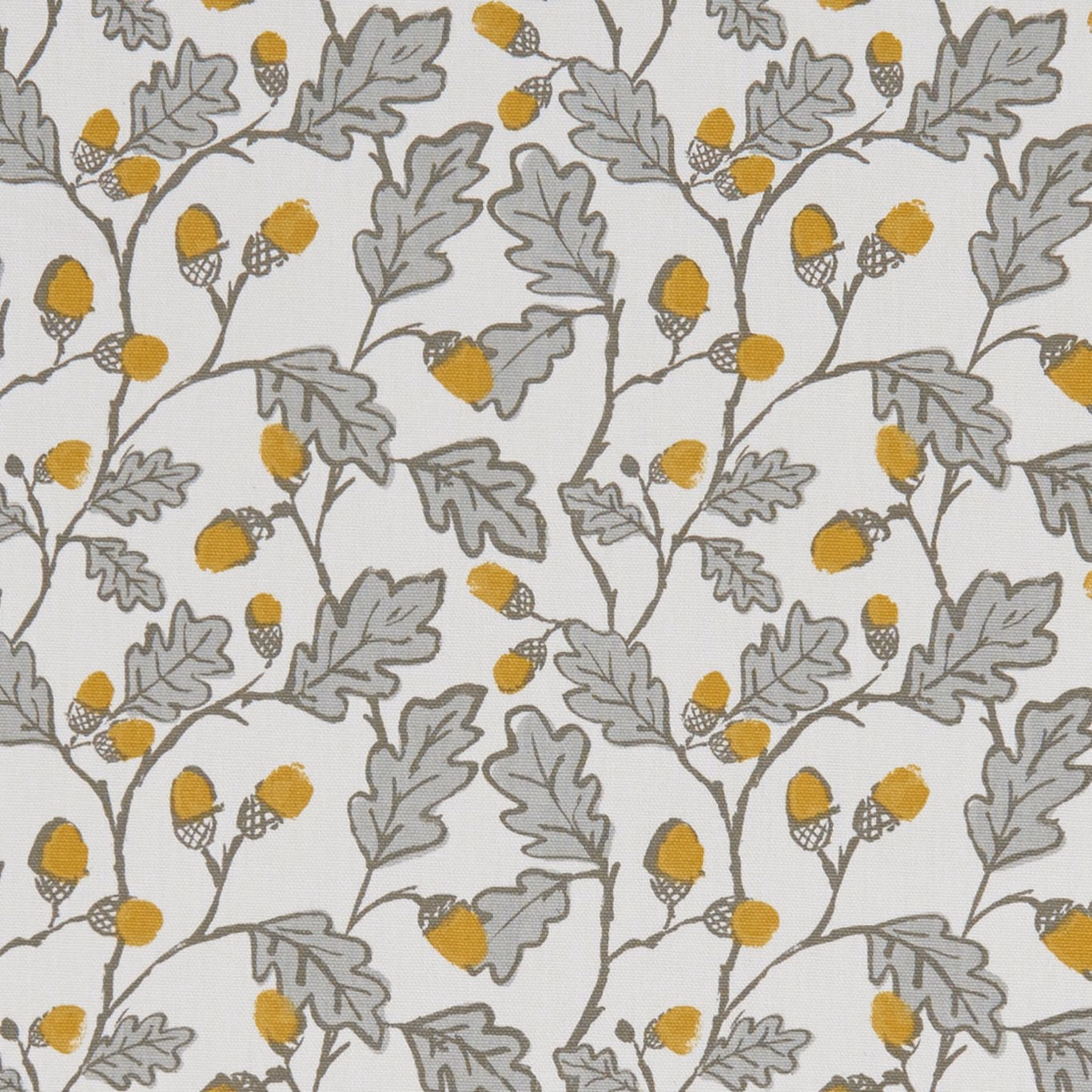 Ivory fabric with grey oak leaves, ochre acorns and curling botanical stems