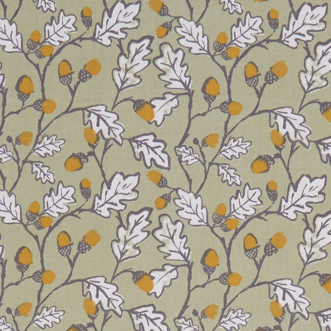 Muted sage fabric with ivory oak leaves, mustard acorns and charcoal winding stems