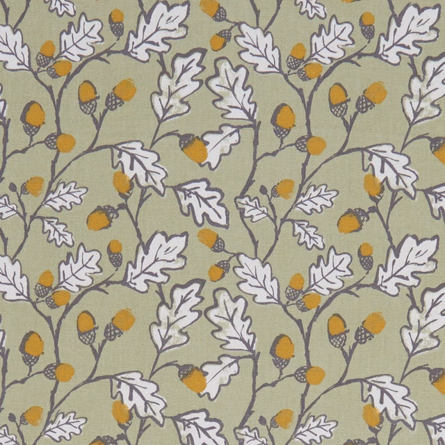 Muted sage fabric with ivory oak leaves, mustard acorns and charcoal winding stems