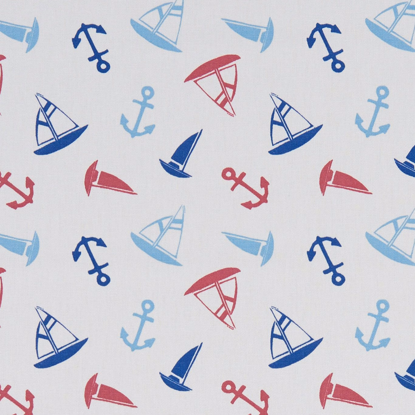 Pale fabric with navy, sky-blue and red sailboats, anchors and windsurfers