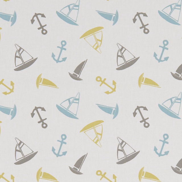 Mineral fabric with aqua boats, grey anchors and muted yellow nautical motifs