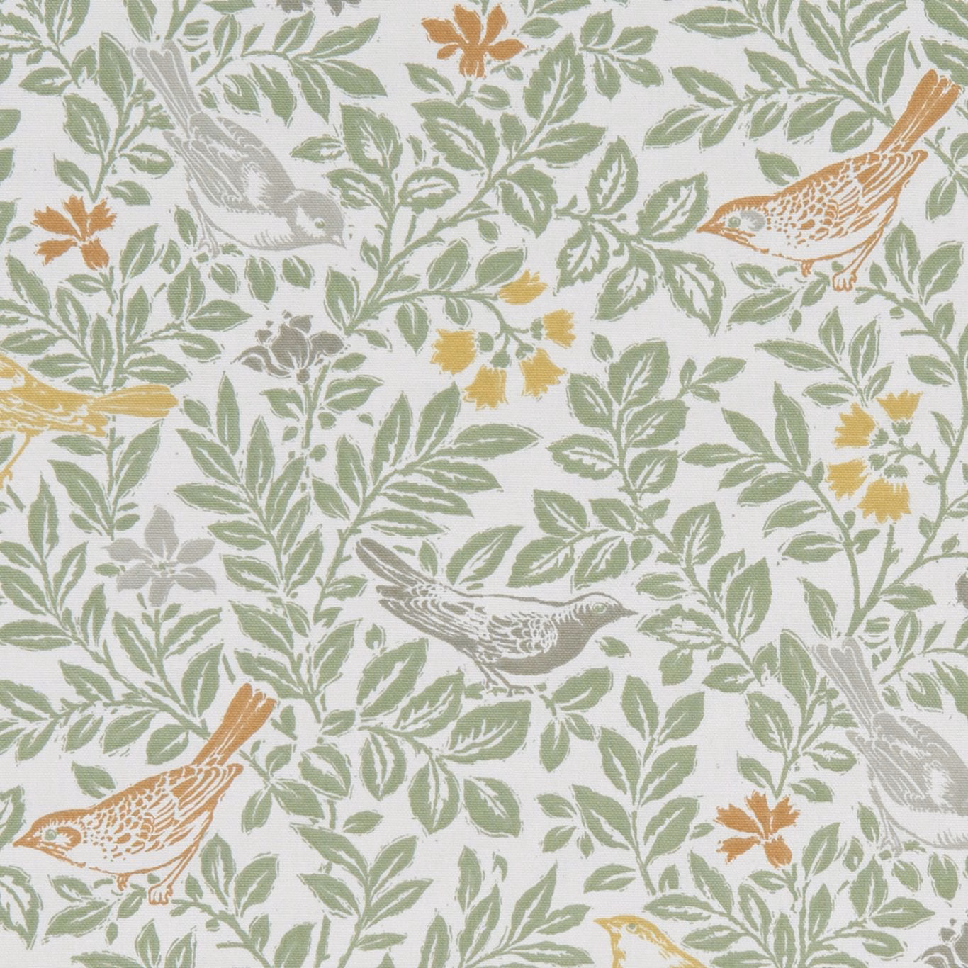 Ivory fabric with sage leafy branches, grey birds, and ochre rust flowers