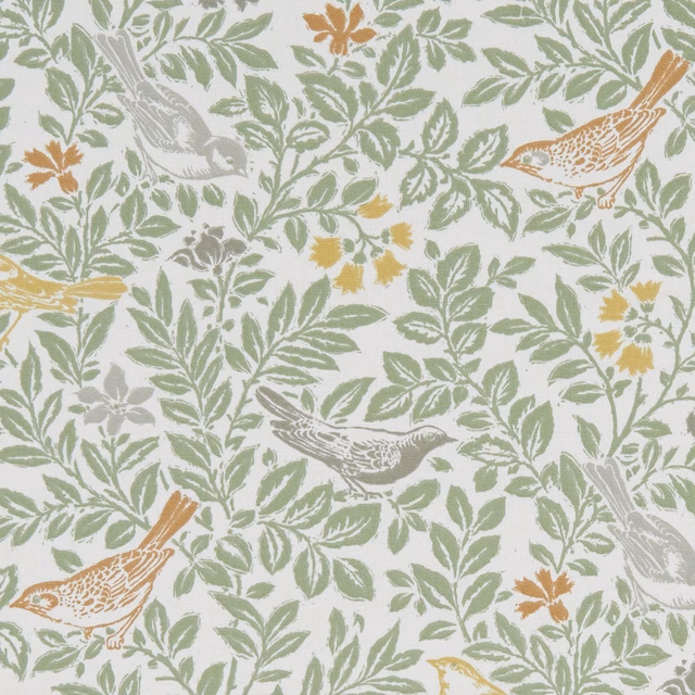 Ivory fabric with sage leafy branches, grey birds, and ochre rust flowers