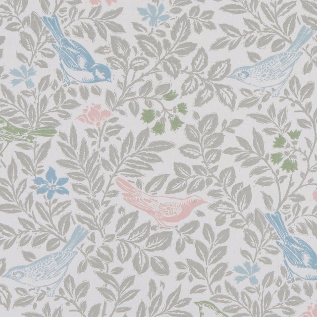 Pastel blue and pink birds among soft grey leafy branches on a pale ground