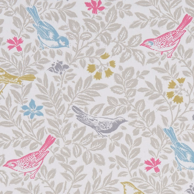 Cream bird and foliage fabric with pink, turquoise, mustard and grey motifs