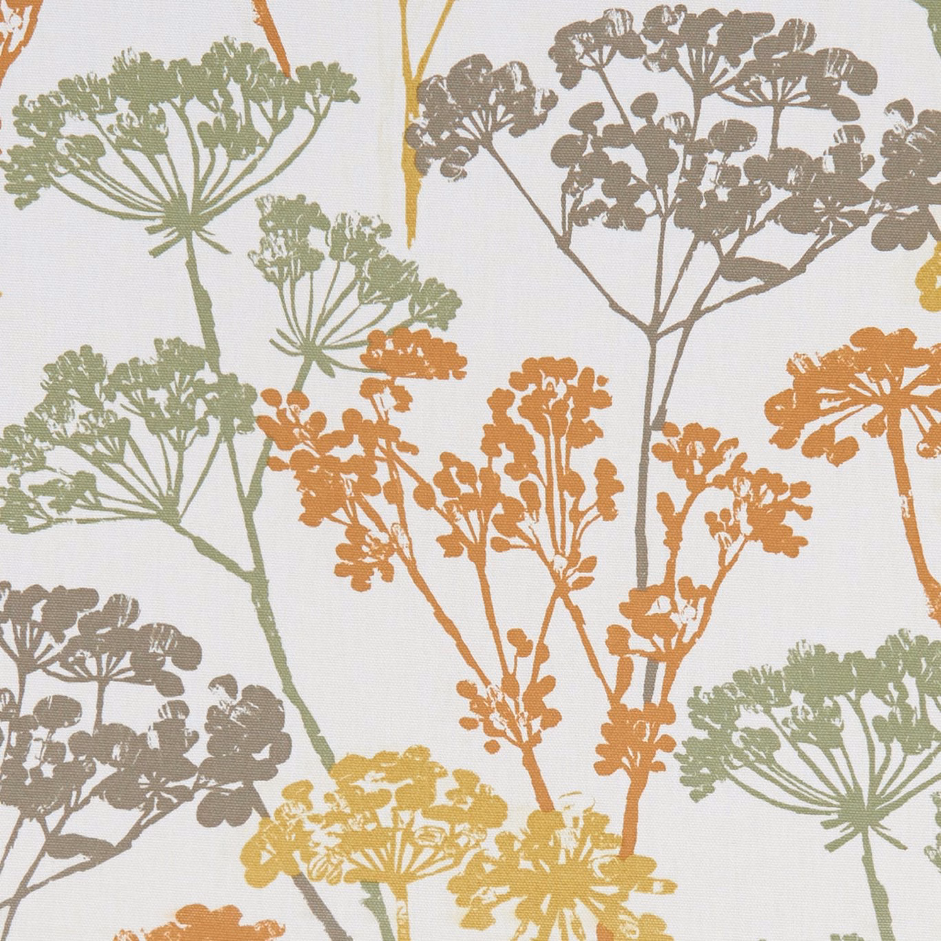 Ivory fabric with sage, rust, taupe and ochre umbrella-shaped botanical stems