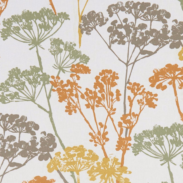 Ivory fabric with sage, rust, taupe and ochre umbrella-shaped botanical stems