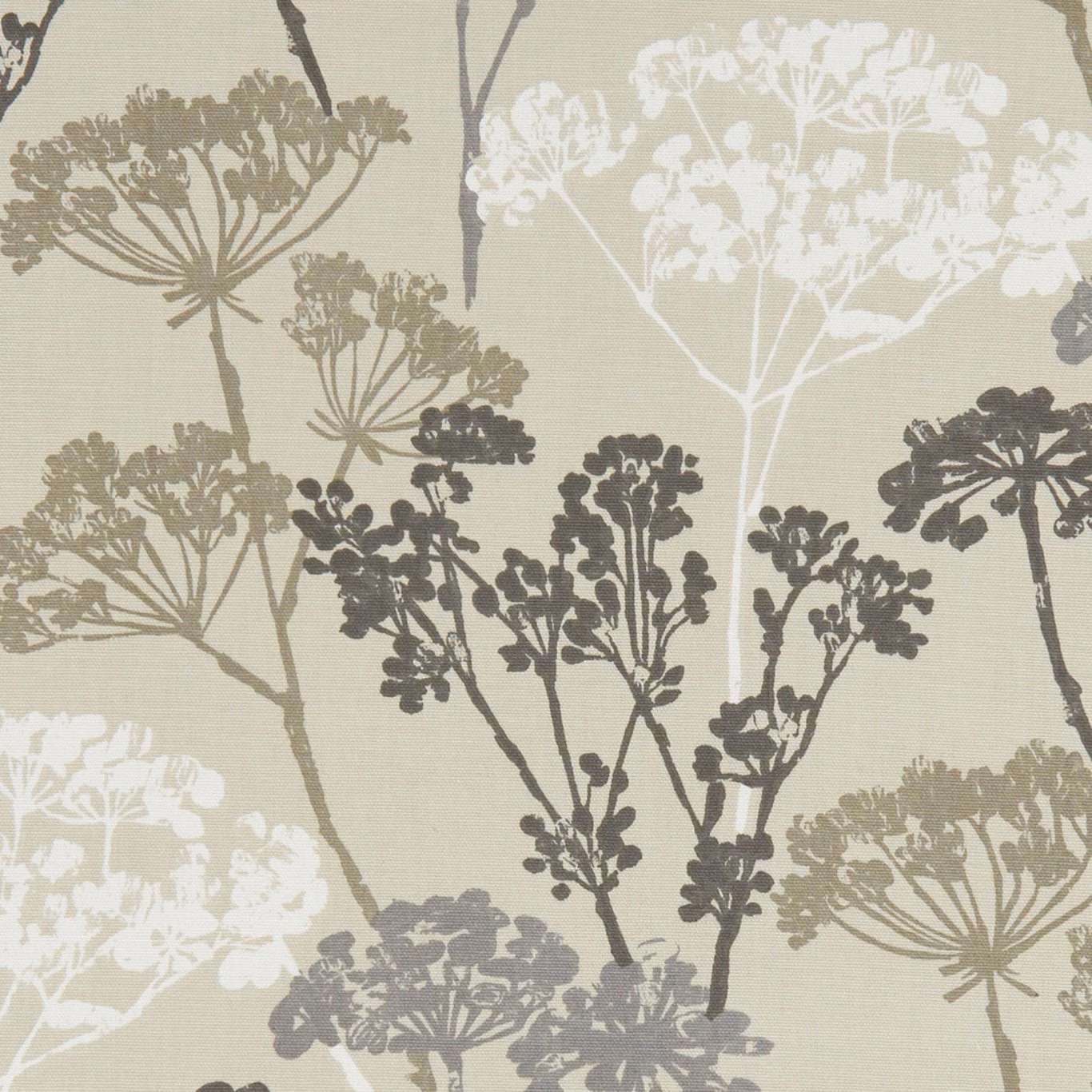 Muted greige botanical fabric with white, taupe and charcoal umbrella-like stems