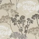 Muted greige botanical fabric with white, taupe and charcoal umbrella-like stems
