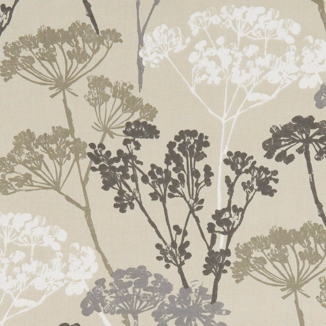 Muted greige botanical fabric with white, taupe and charcoal umbrella-like stems