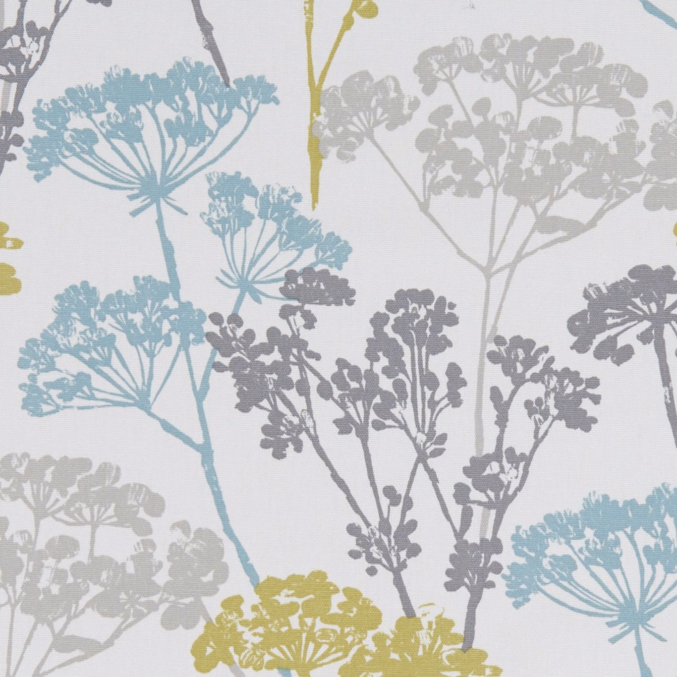 Mineral blue, grey and olive branching botanical silhouettes on a pale fabric ground
