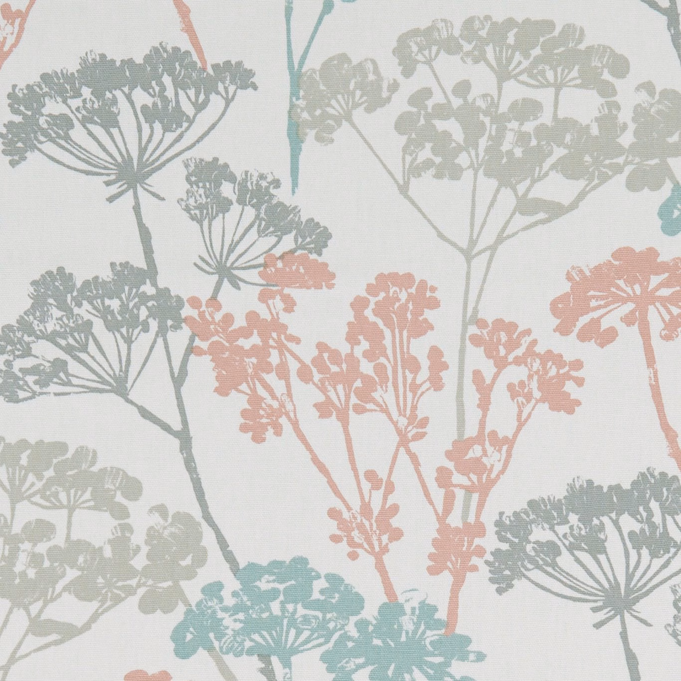 Pastel botanical fabric with sage, coral and aqua umbrella flowers on pale ground