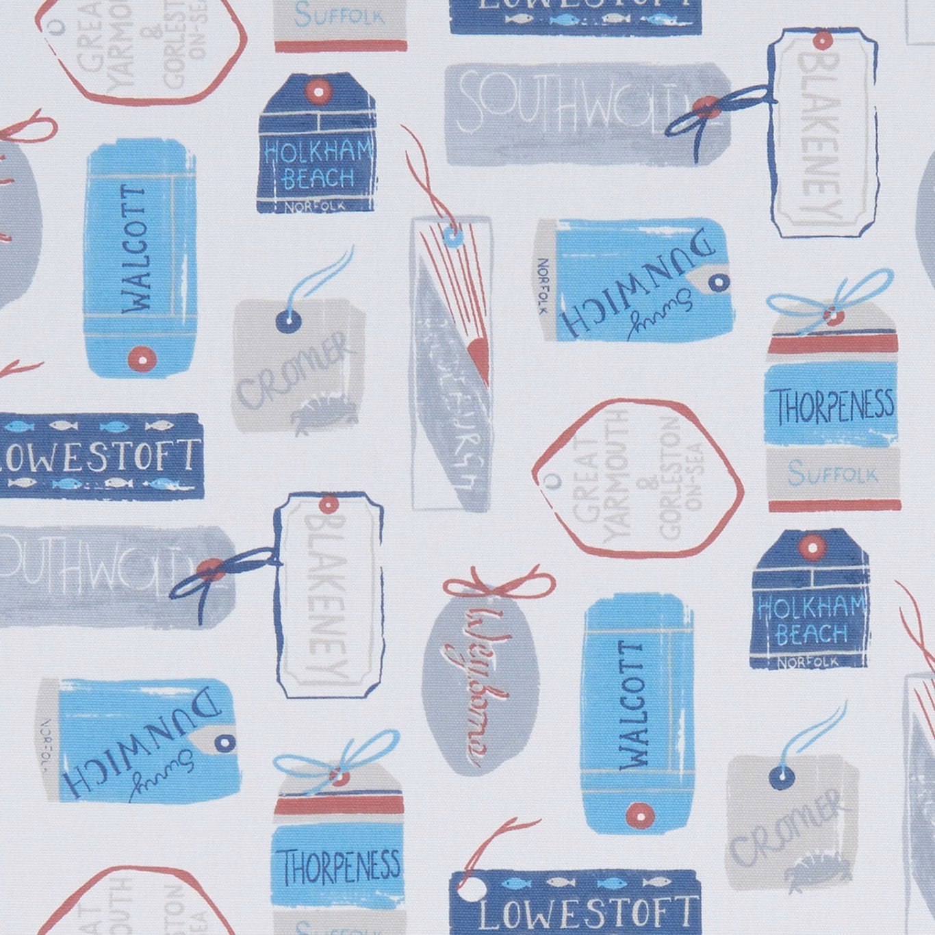 Marine-blue coastal labels and red string motifs on a cool grey fabric ground
