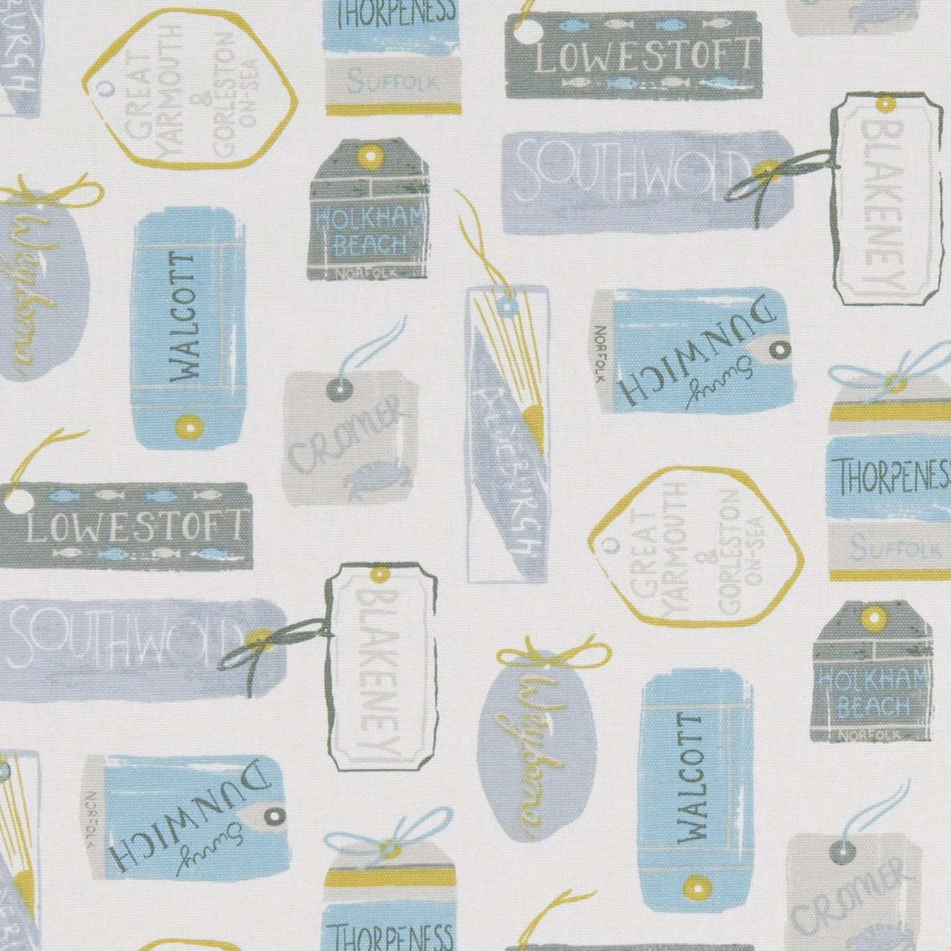 Mineral blue travel-label print with pale grey ground and mustard accents