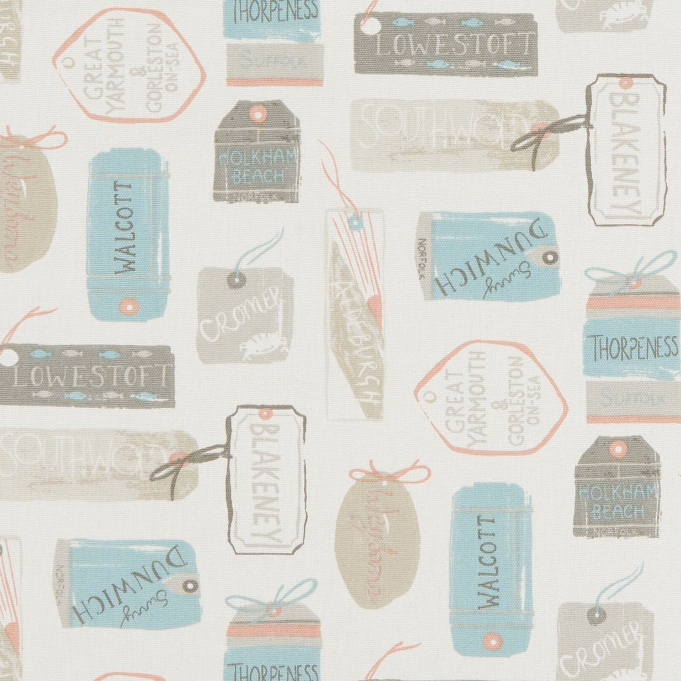 Pale pastel travel-label fabric with blue, sage, coral and grey coastal motifs