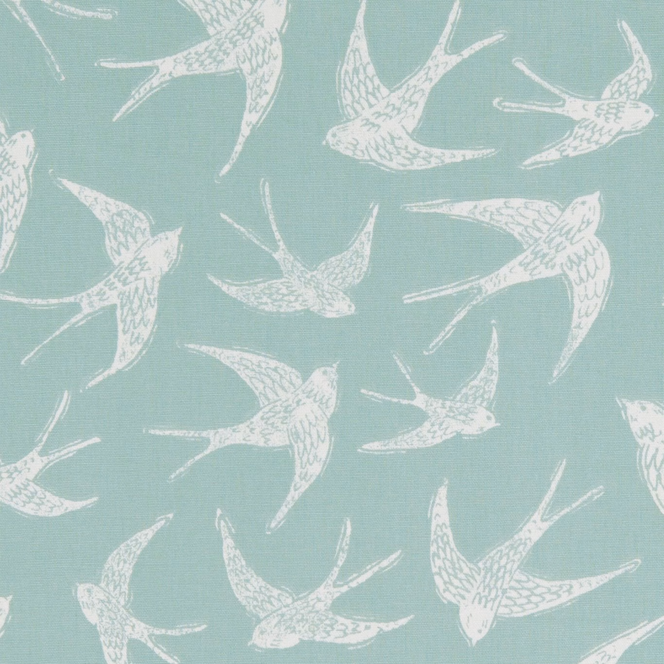 Muted mineral aqua fabric with cream flying swallows and fine woven texture