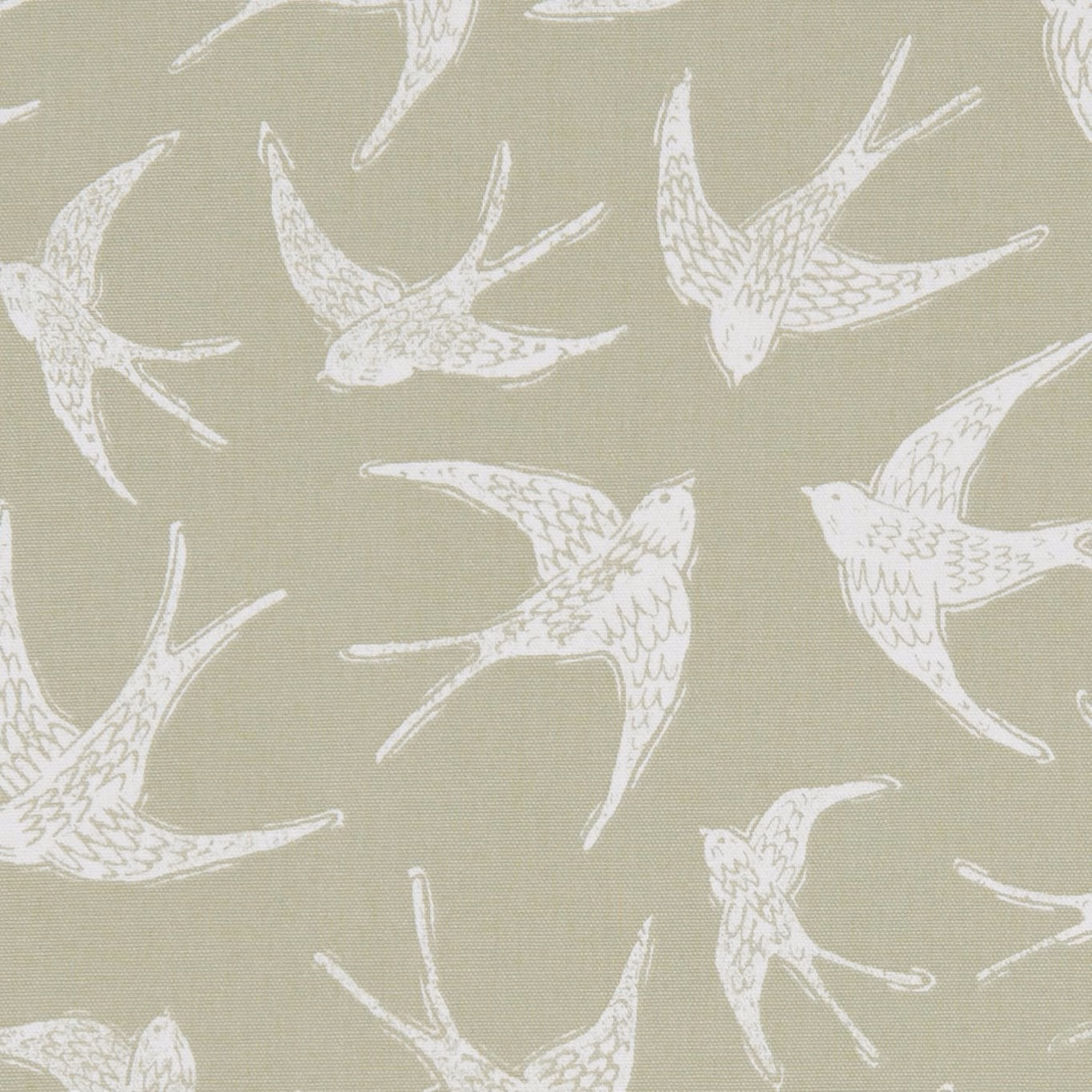 Ivory swallows flying across a muted sage-green woven fabric ground
